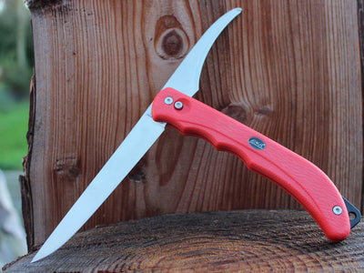 DUO von EKA in rot:  das Messer mit der Doppelklinge, Filetierklinge und Aufbruchmesser aus rostfreiem Edelstahl und der Griff aus rotem rutschfestem Polyamid, das Standard-Messer für jeden Angler