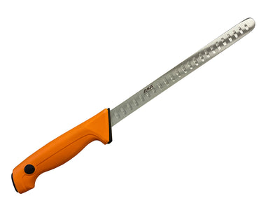 Schneiden Sie professionell Lachs mit dem EKA Lachsmesser, damit können Sie den Fisch leicht und präzise in feine Scheiben schneiden und sauber und sicher arbeiten. Das Lachsmesser ist aus rostfreiem Stahl, hat einen ergonomisch geformten orangen Griff und ist bei einer Länge von 27cm 80g leicht.
