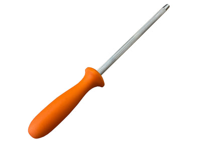 Der schwedische EKA Messerschärfer 18cm lang, aus rostfreiem Stahl mit orangem Griff aus rutschfestem Polyamid, so schärfen Sie Ihre Küchenmesser schnell und effektiv